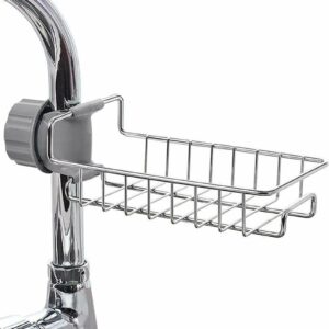 Adjustable Stainless Steel Sink Caddy – Faucet-Mounted Sponge & Soap Holder | Kitchen & Bathroom Organizer Rack with Drain Design